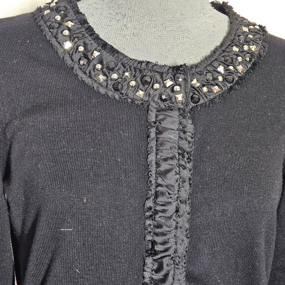 Black Embellished Neckline Snap Close Cardigan Sweater Size Medium - Picture 5 of 5